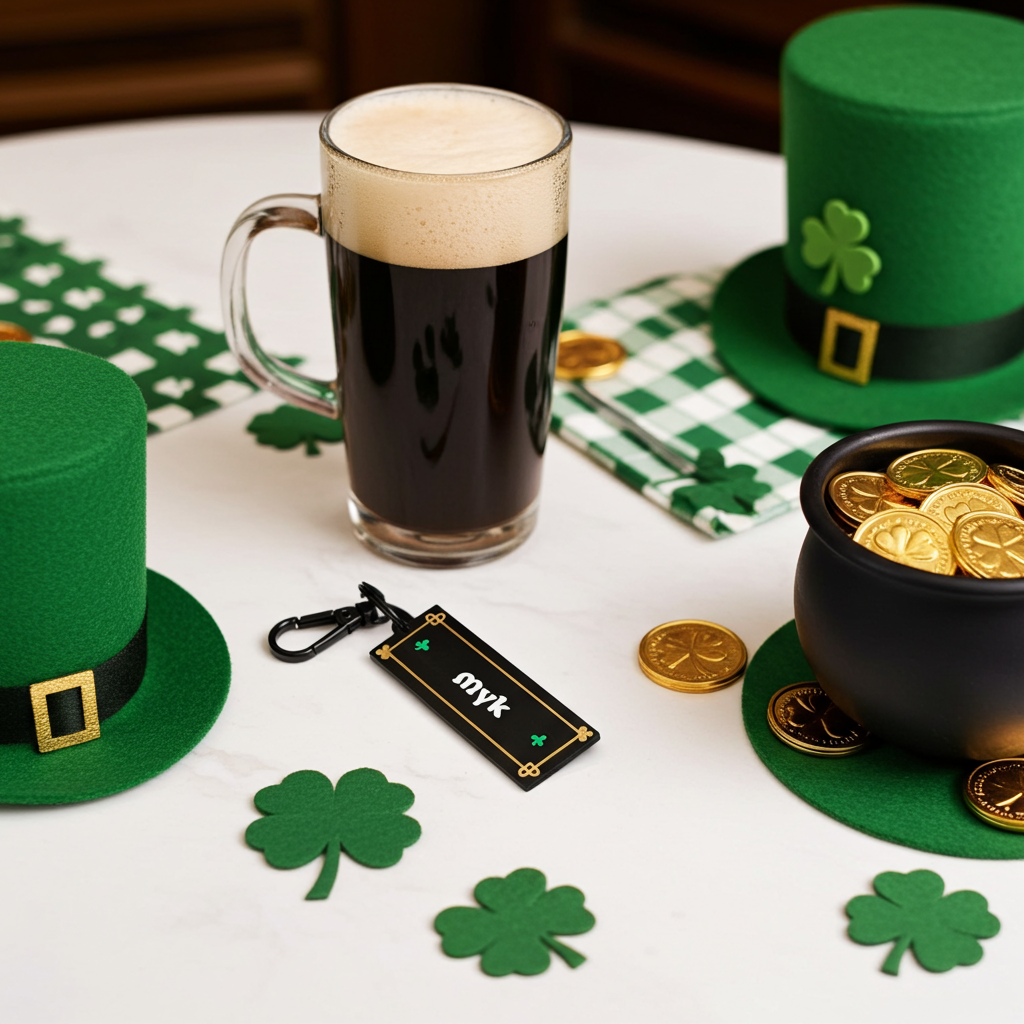 St. Patrick's Day-themed table setting with green hats, pot of gold, and glass of dark liquid.